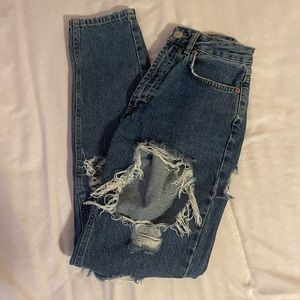 BDG Distresses High Rise Mom Jeans in Dark Blue, 24